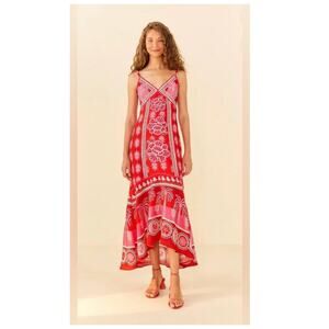 NEW FARM Rio Summer Sunrise Embroidered Linen Maxi Dress Size Medium